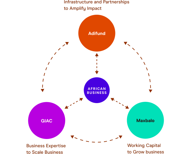 Partnership ecosystem diagram with Adifund, African Business, GIAC and Maxbalo